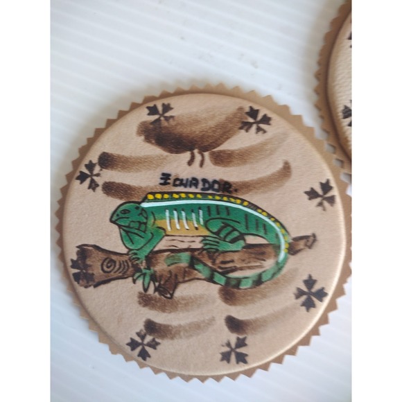 VTG 5 Ecuador Hand Painted Leather Decorative Beverage Coasters‎ w-Holder 3.5" - Picture 8 of 11